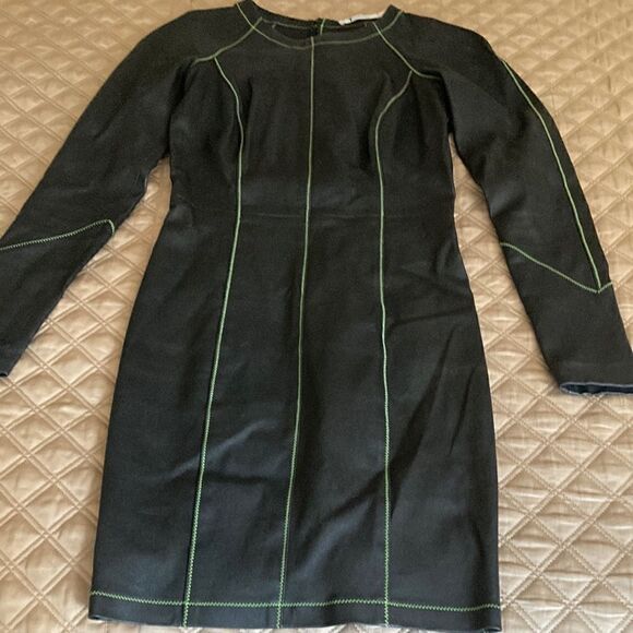 T by Alexander Wang Long Sleeve Black Leather Mini Dress/Green Stitching. Size 2 - Picture 1 of 7